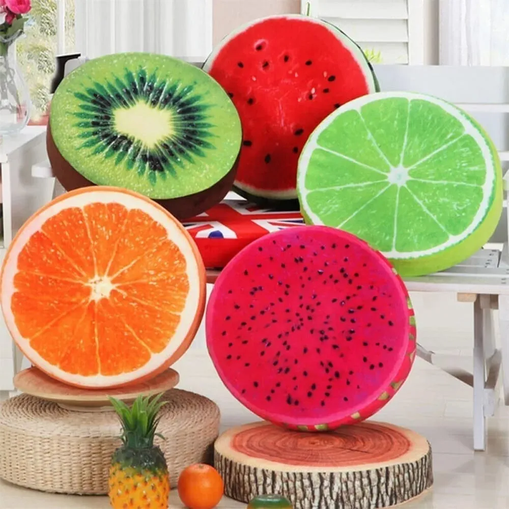 Almofada macia redonda de frutas, simulação de fatia de frutas, almofada de assento, tecido de pelúcia interno, decoração de sofá