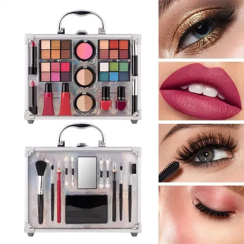 Tudo em um kit de maquiagem feminina kit completo maquiagem presente conjunto sombra lábio maquiagem rímel batom olho lápis aplicador blush em pó