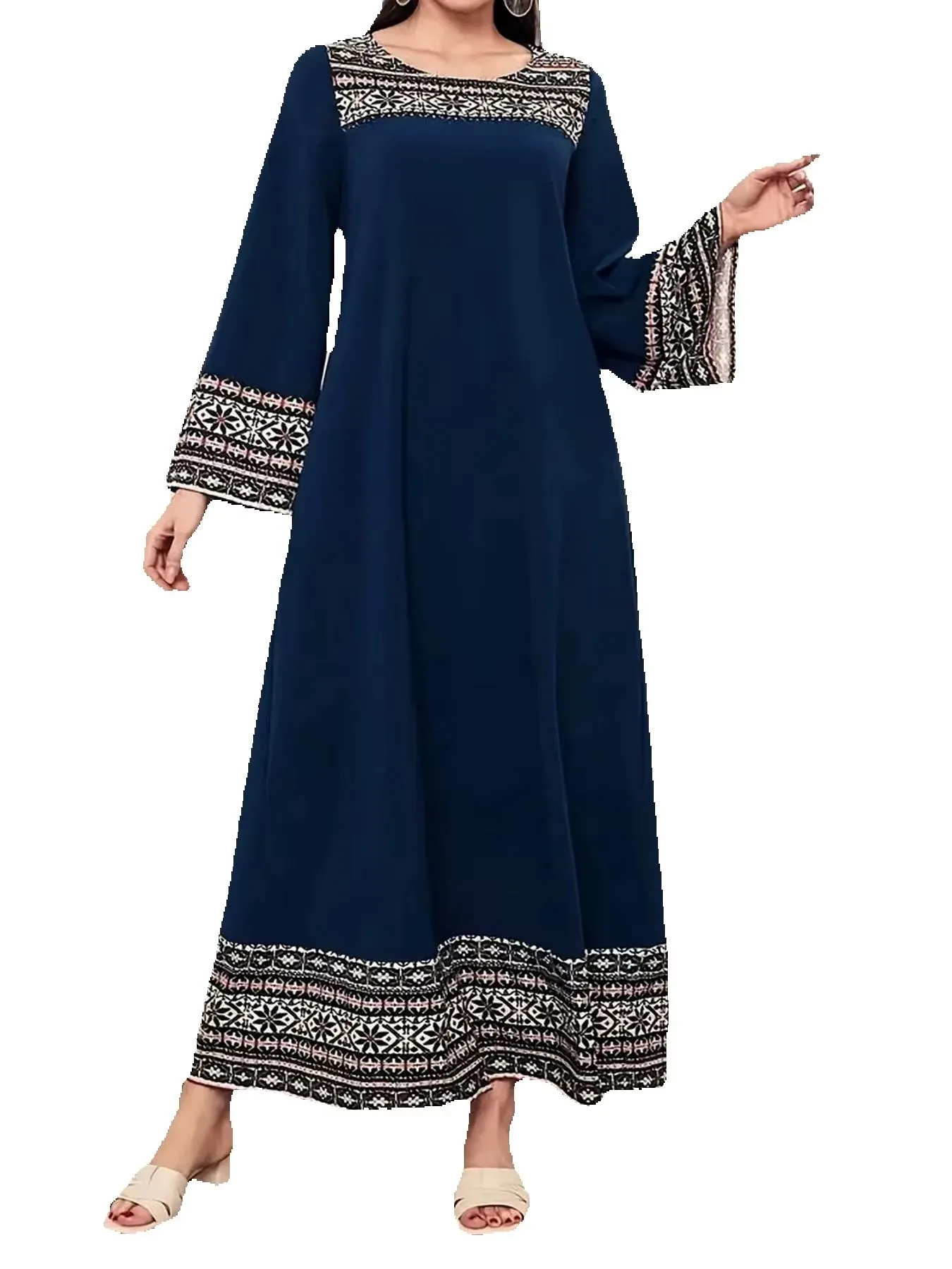 Primavera e verão elegante casual estilo retro estampa geométrica em torno do pescoço manga comprida vestido solto saia longa