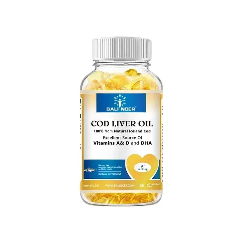 Cápsulas de óleo de fígado de bacalhau ricas em vitamina A D e DHA ajudam a manter a pele saudável, cérebro e ossos fortes e melhoram a memória