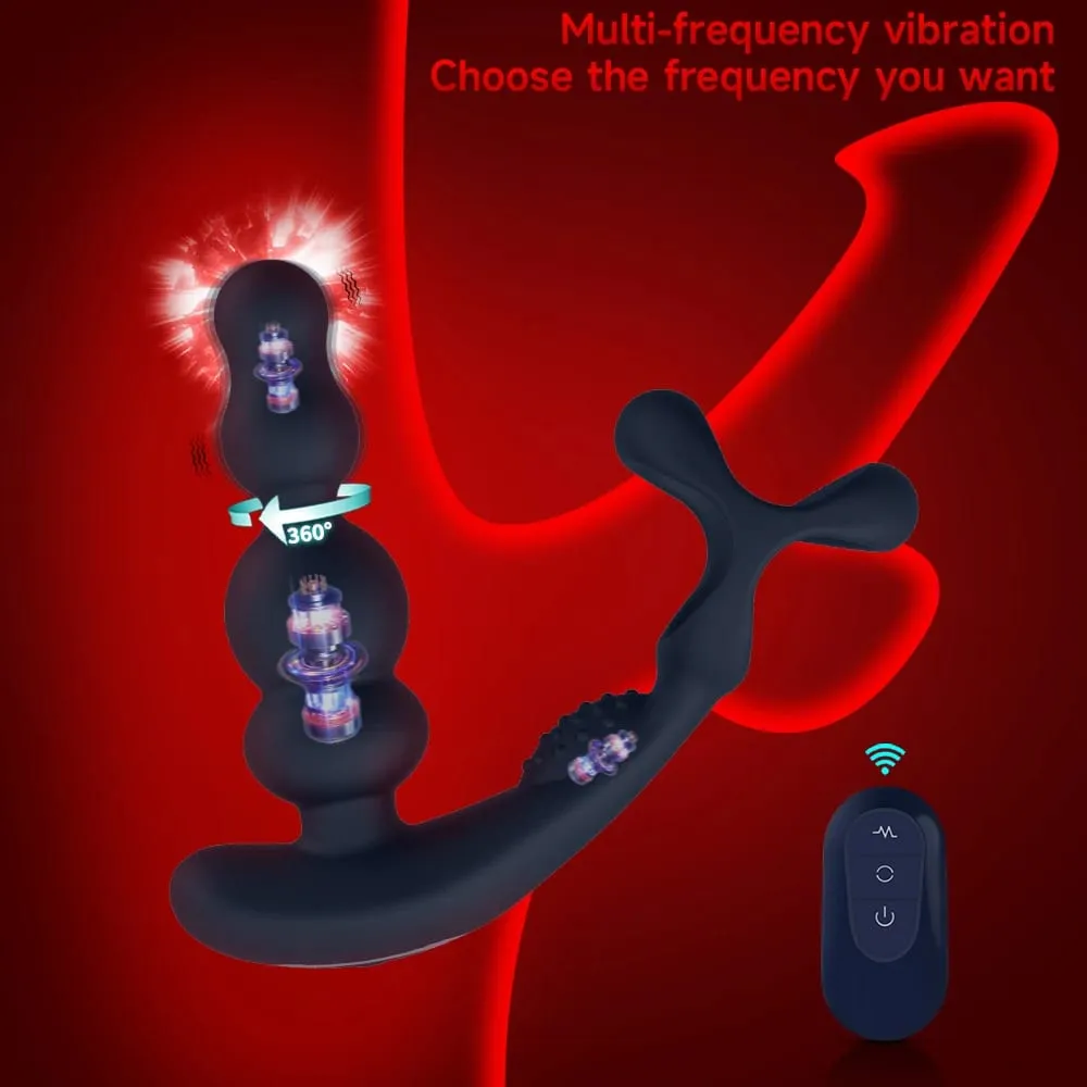 Massageador de próstata de contas anais rotativas de 360 ° com controle remoto de anel peniano vibratório - Brinquedo adulto para homens — image 2