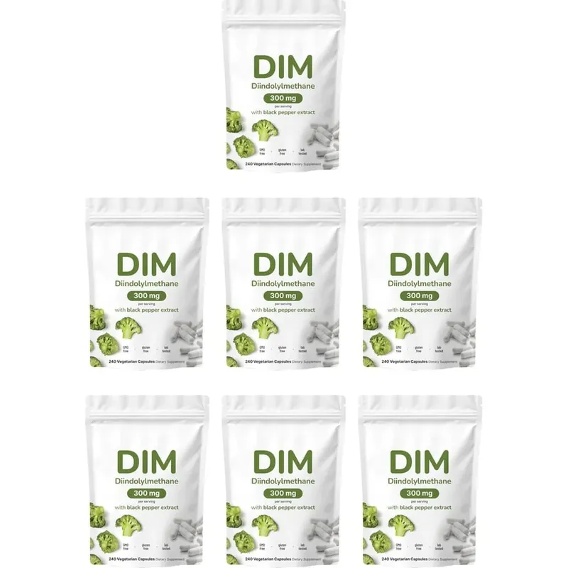 DIM Diindolilmetano Cápsulas Vegetarianas com Extrato de Pimenta Preta Sem OGM Sem Glúten 240 Cápsulas