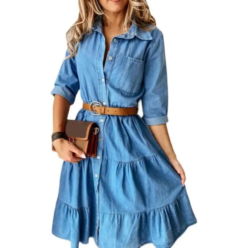 Vestido jeans manga três quartos com cinto gola virada para baixo primavera outono botões babados vestidos jeans para mulheres 2025
