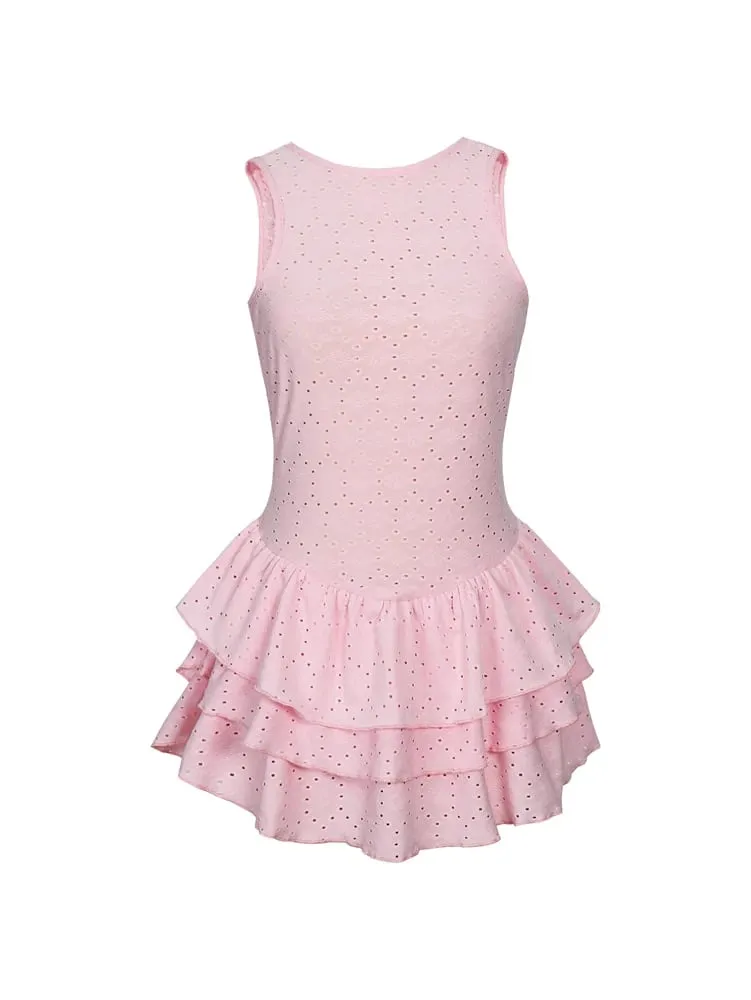 Summer 2026 New Arrival: Women's Solid-Color Floral-Printed Embroidered Ruffled-Hem Sleeveless Mini Dress