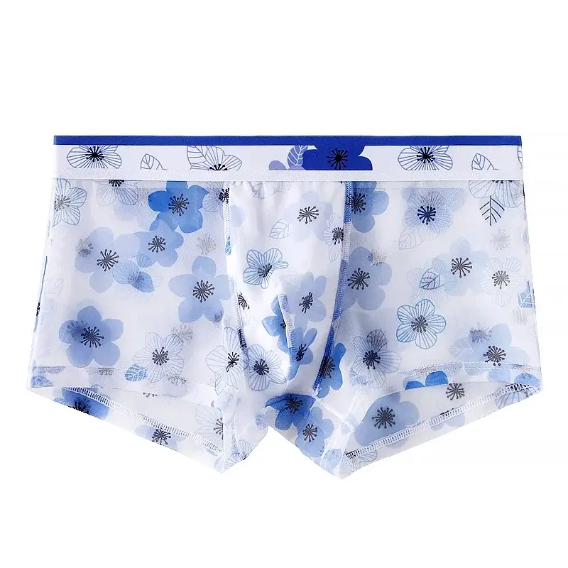 Cuecas boxer de malha masculina estampa floral roupa interior de seda gelo ultra-fino transparente respirável macio alto estiramento calcinha de secagem rápida
