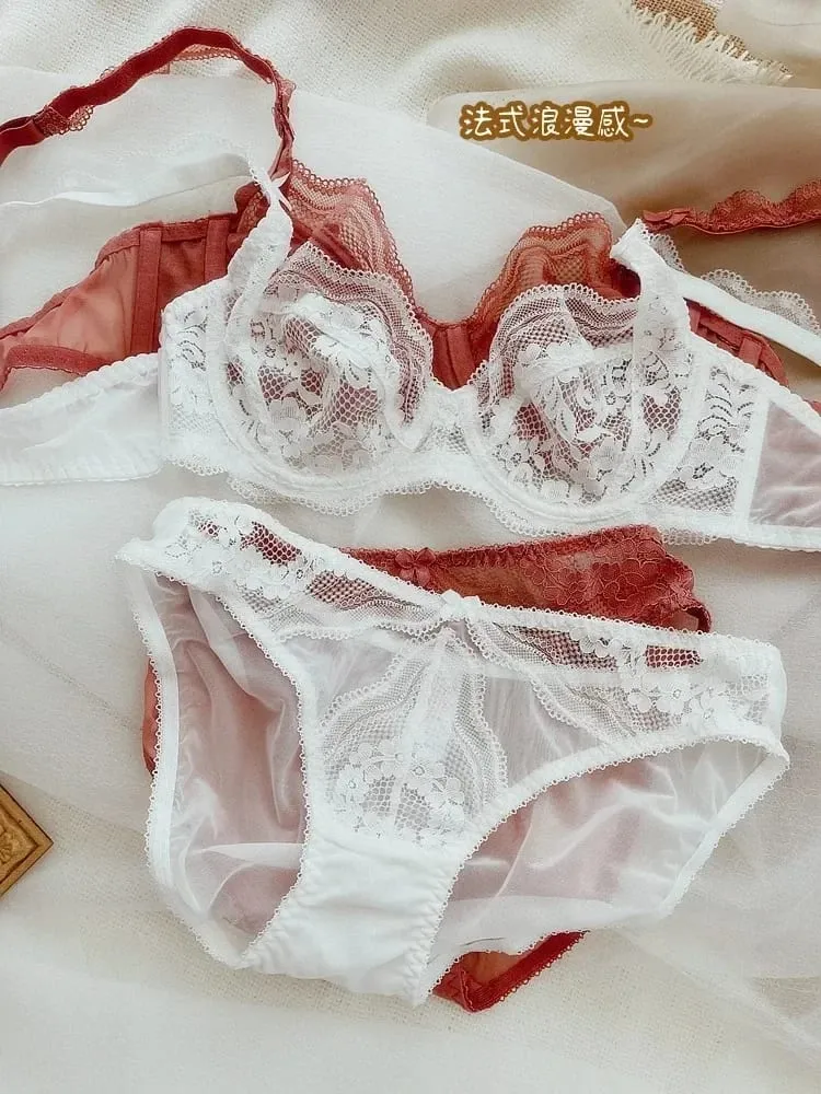 Conjunto de calcinha e sutiã de renda ultrafino push-up com acolchoamento leve Lingerie transparente em tamanhos grandes
