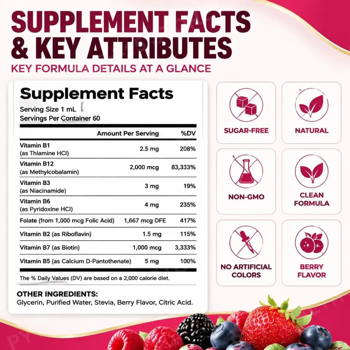 Lenm Vitamin B12 B-Complex Liquid Drops 8 em 1 apoia o sistema nervoso, a saúde imunológica e a energia diária 60 ML sem açúcar e não OGM