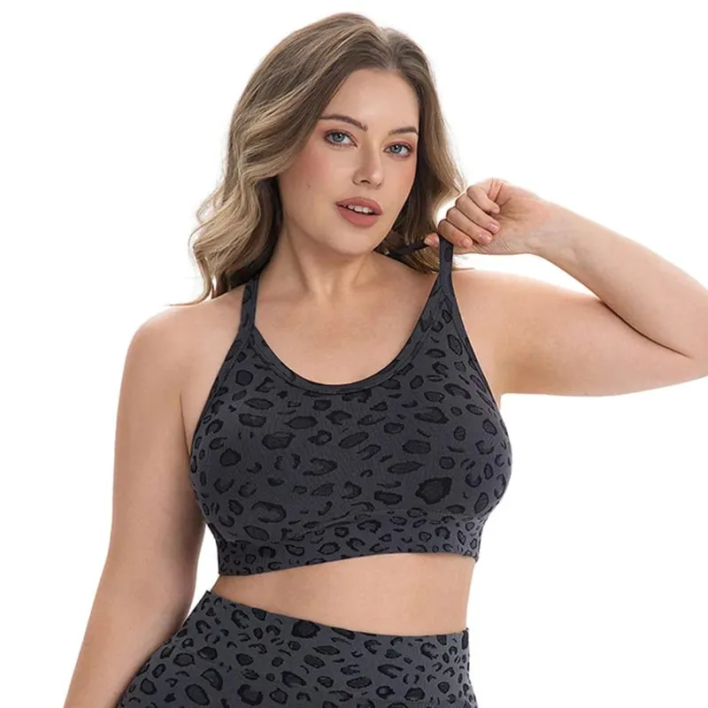 Conjunto feminino plus size com estampa de leopardo, cintura alta, controle de barriga, shorts acolchoados, sutiã esportivo, 2 peças, academia, yoga, corrida