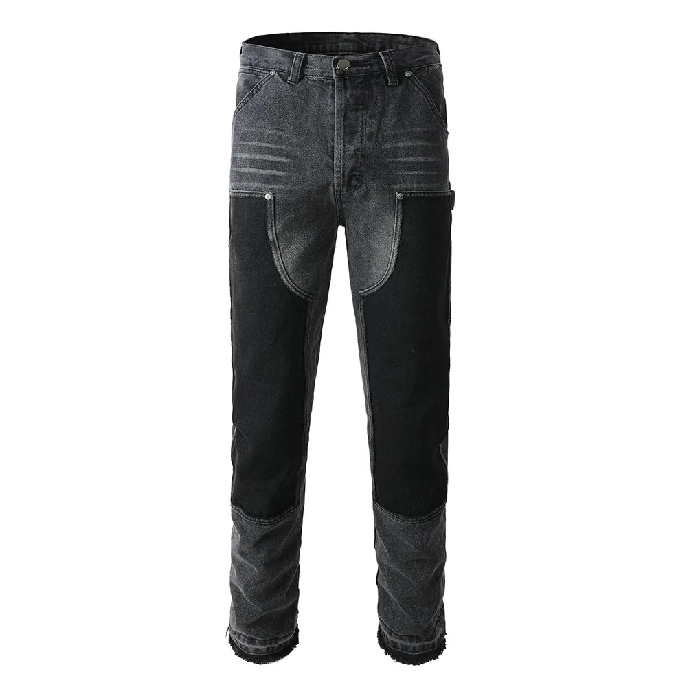 Men Patch Cargo Denim Jeans Streetwear Rivet Released Hem Patchwork Pants Button Fly Loose Straight Cotton Trousers