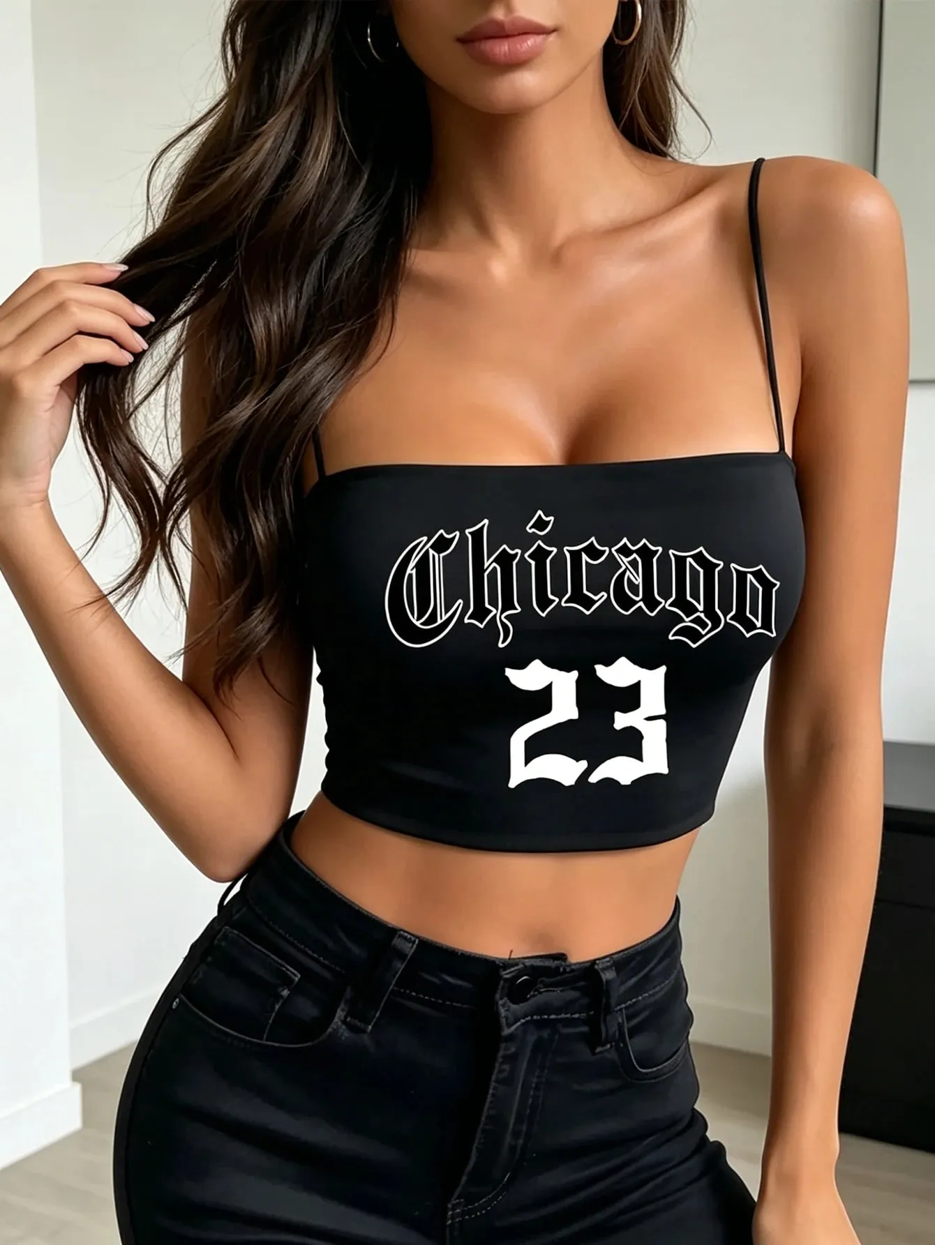 Senhora verão 'Chicago 23' estilo gótico estampado alça de ombro fina halter top y2k retrô estilo menina legal confortável de usar como