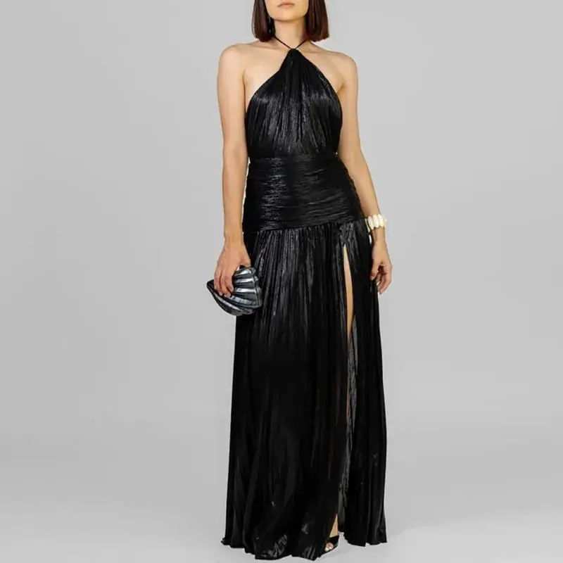 Ouro sexy halter alta divisão vestidos de noite mulher chique sólido oco plissado vestido longo primavera verão sem costas zip maxi vestido