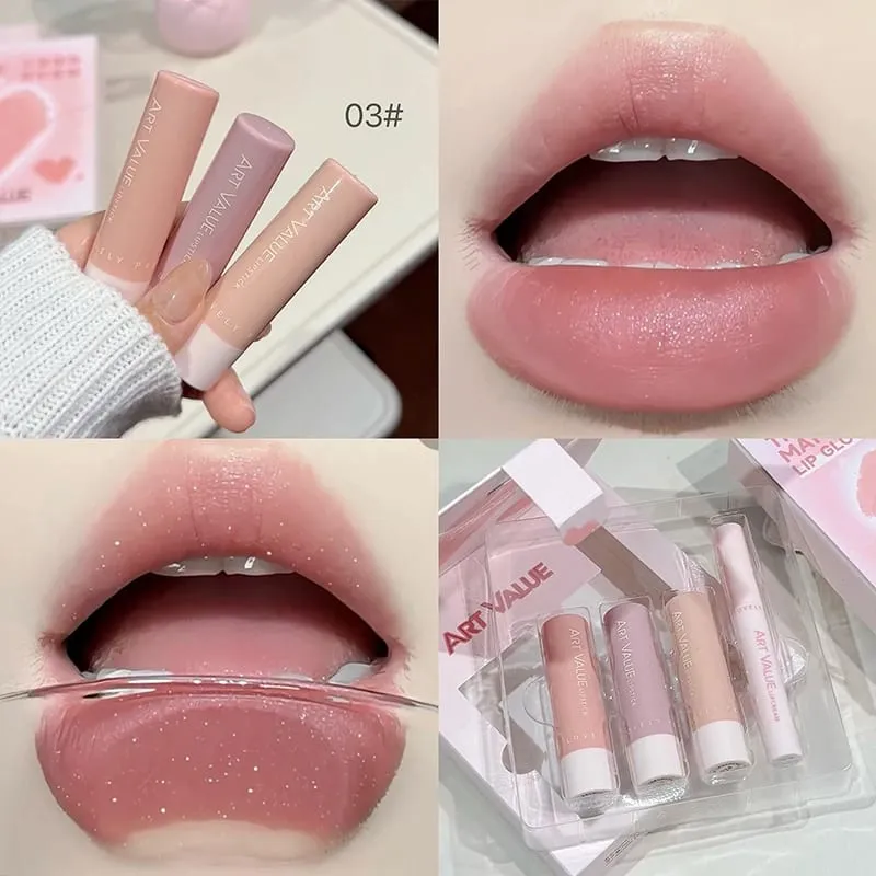 VALOR DA ARTE 4 PCS Conjuntos de maquiagem labial incluem 3 cores batom líquido fosco aveludado e 1 kit de cosméticos de óleo bálsamo labial gloss duradouro