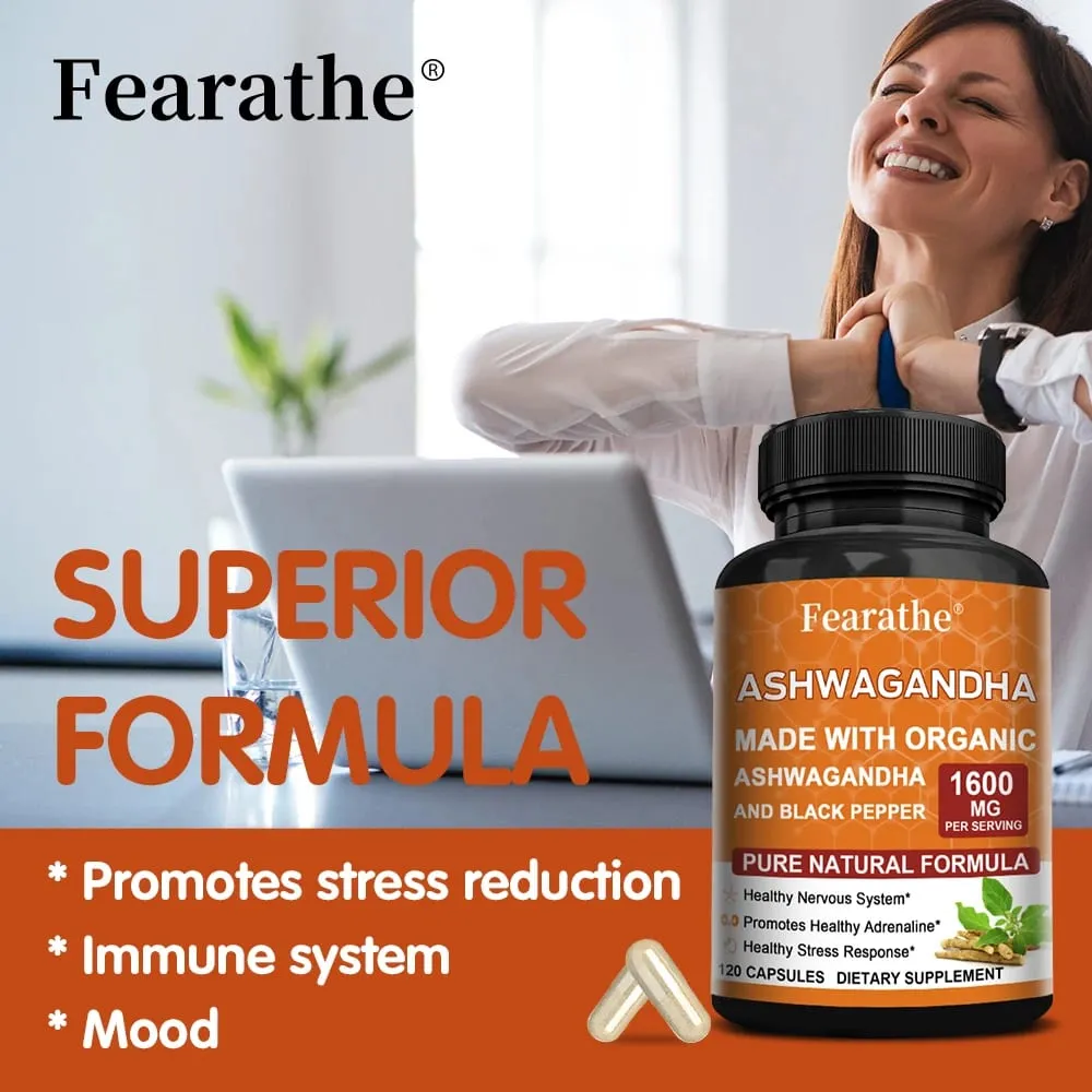 Cápsulas de extrato de Ashwagandha - Pimenta preta, suporte para alívio do estresse, humor, sono, função cerebral, recuperação muscular e saúde imunológica