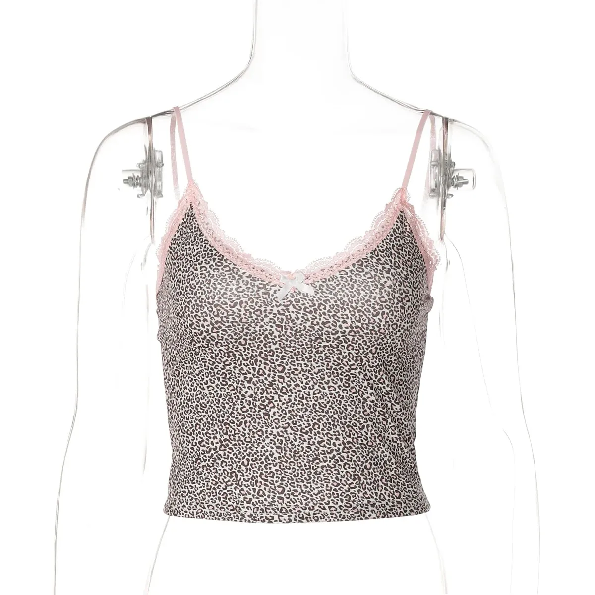 Hugcitar Leopard Print Slips Bows Patchwork Lace Sexy Slim Crop Camis Top Summer Fashion Women Y2K Outfits Festival Party