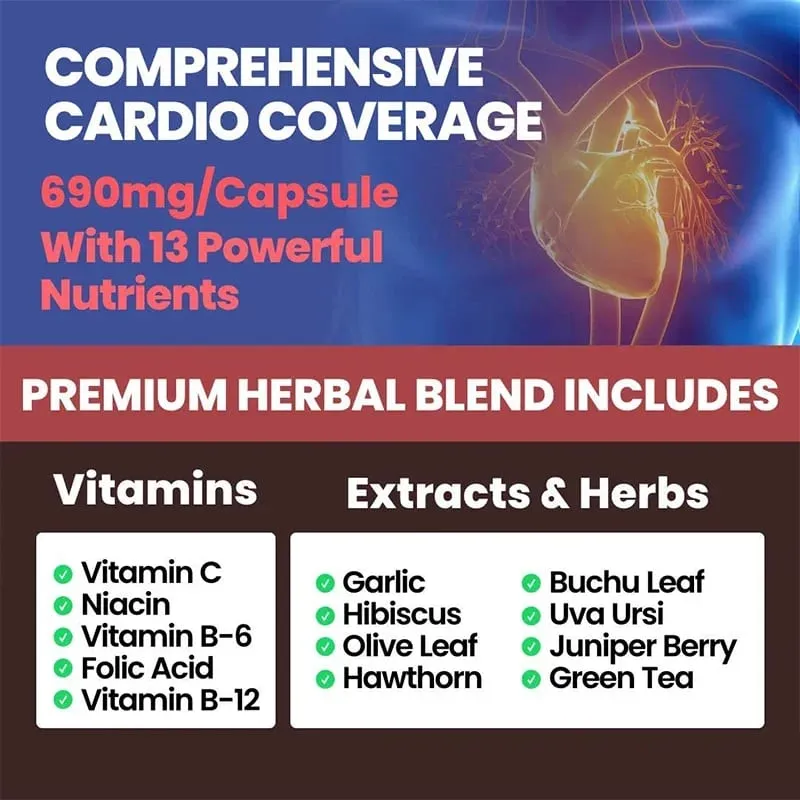 Blood Pressure Support Supplement - Heart Cholesterol Cardio - 13 Vitamins with Vitamins C B6 & B12 Hawthorn & Olive Leaf