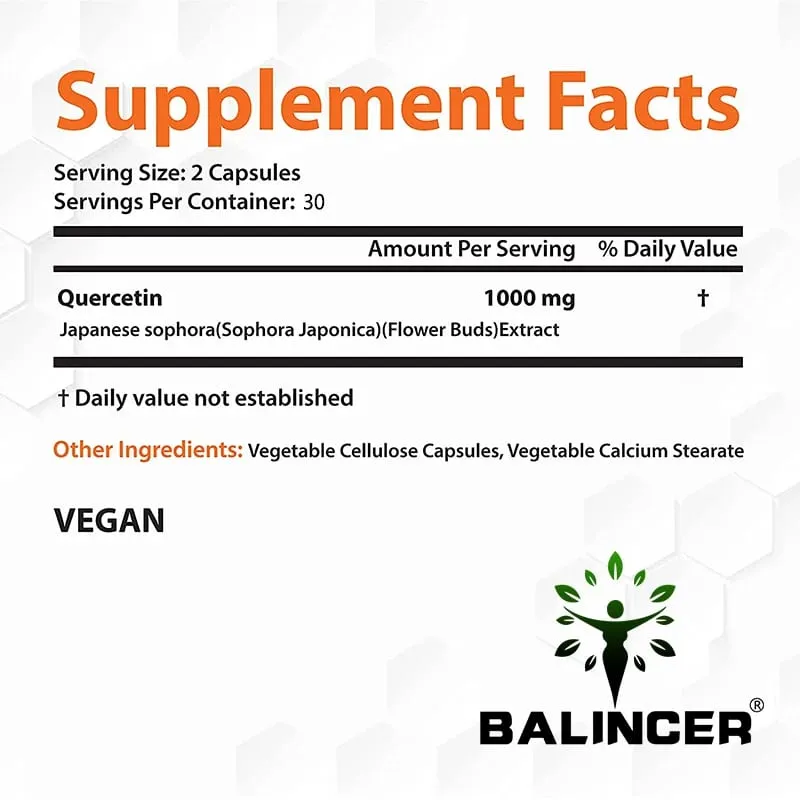 Suplemento Natural de Quercetina Cápsulas Veganas Suporte Bioflavonóide - Suporta saúde imunológica e níveis de energia