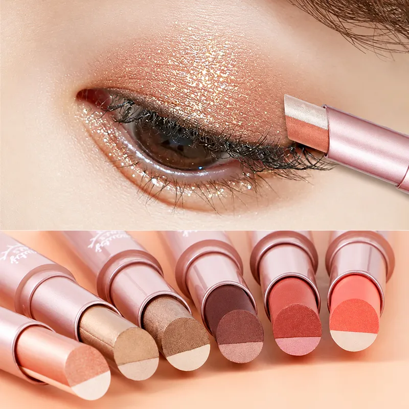Sombra em bastão de dois tons, sombra cremosa brilhante, maquiagem gradiente mesclável, 6 tons para looks do dia a dia e de festa