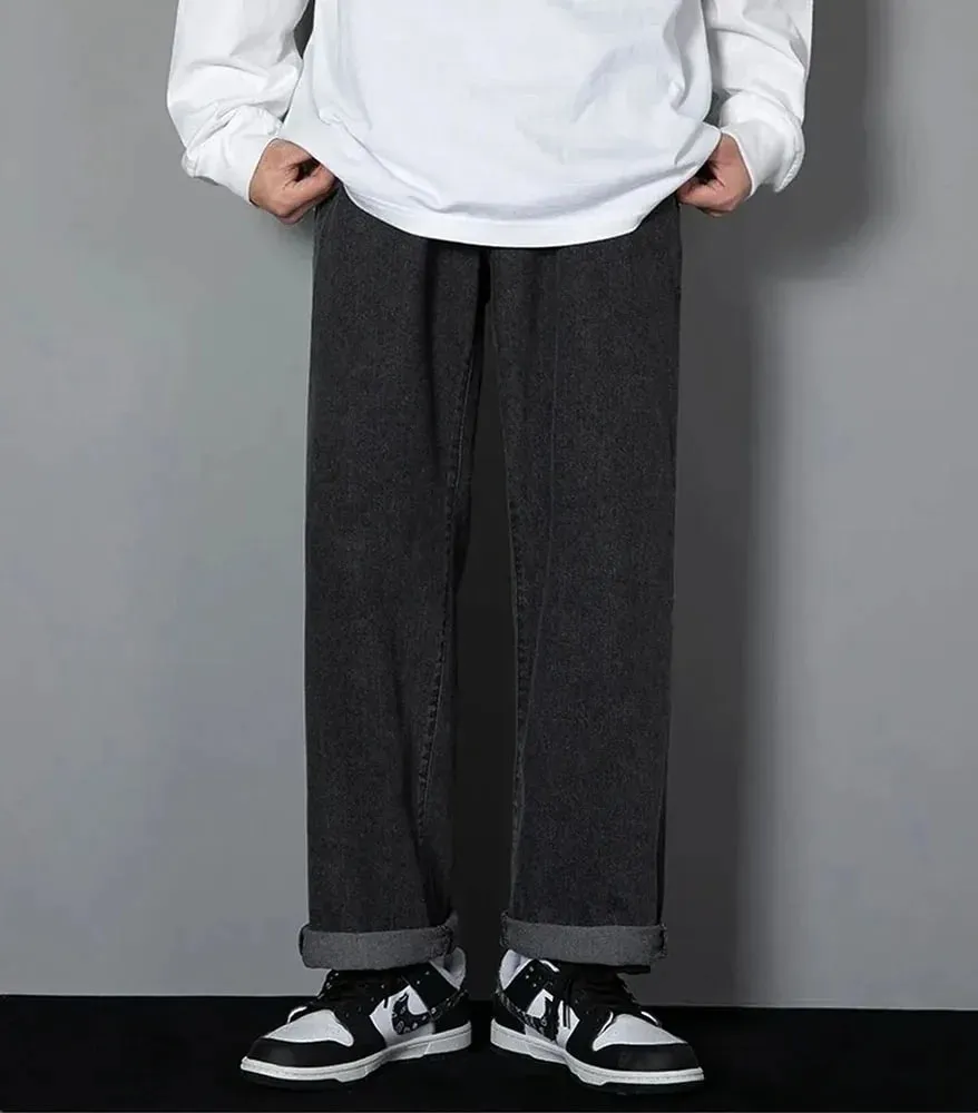 Korean Solid Colors Men's Casual Long Jeans Classic Man Four Seasons Straight Denim Wide-leg Pants Light Blue Grey Black 3XL