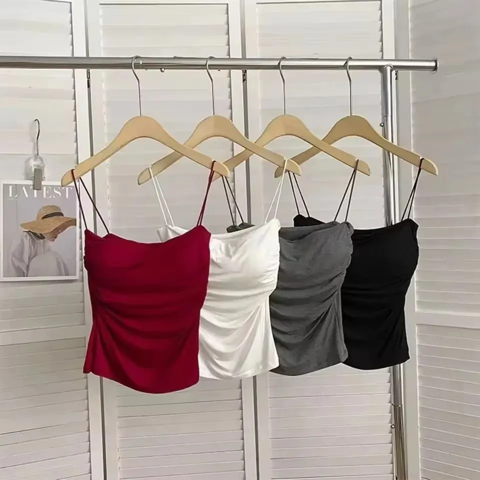 1 pc elegante cintura plissada espartilho-suporte macio fixo almofada no peito sem mangas colete sexy curto topo com alças finas cor sólida