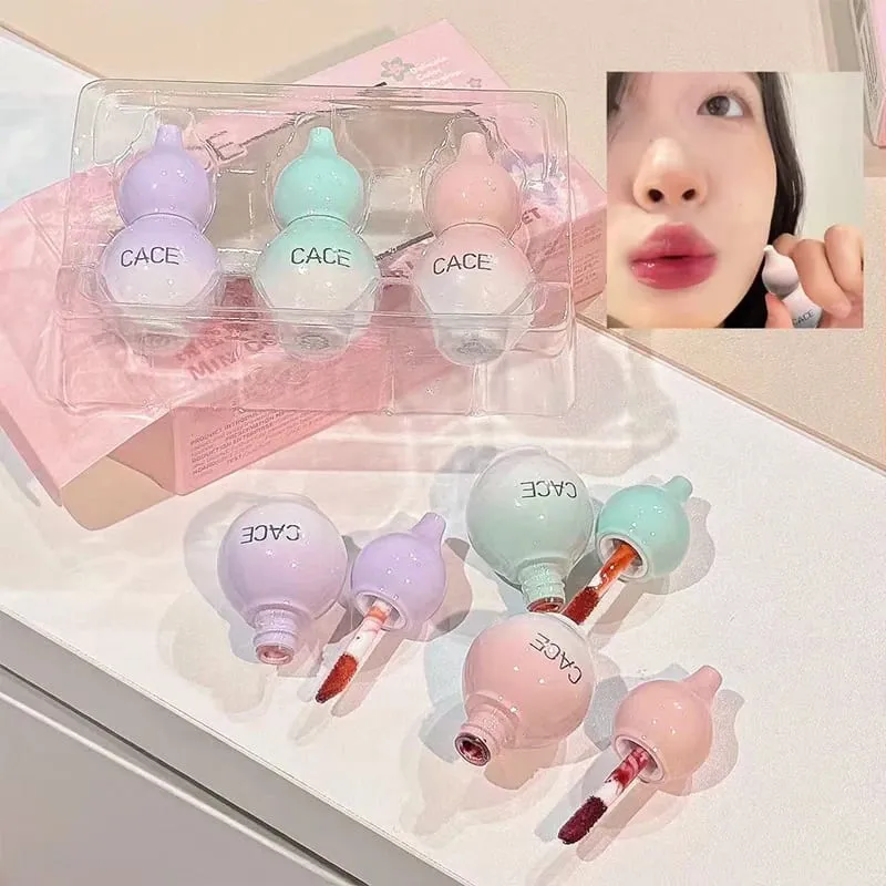Mini Gourd Watery Mirror Lip Glaze Sets 3 Colors Lasting Moisturizing Water Glass Lipgloss Tint Hydrating Lip Stain Kits