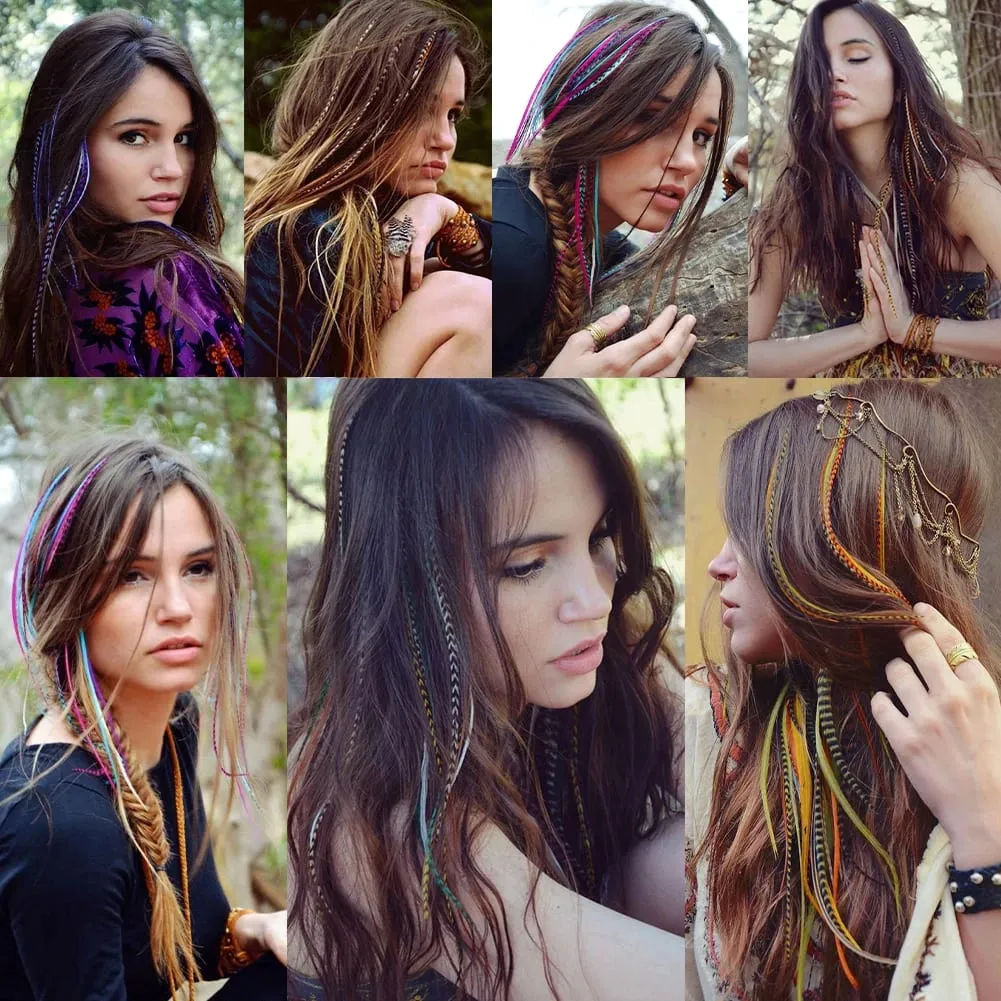 Feather Hair Extensions Colored Synthetic Hair Feather Colorful False Hair Extension Mixed Color Straight Hair For Women Girls