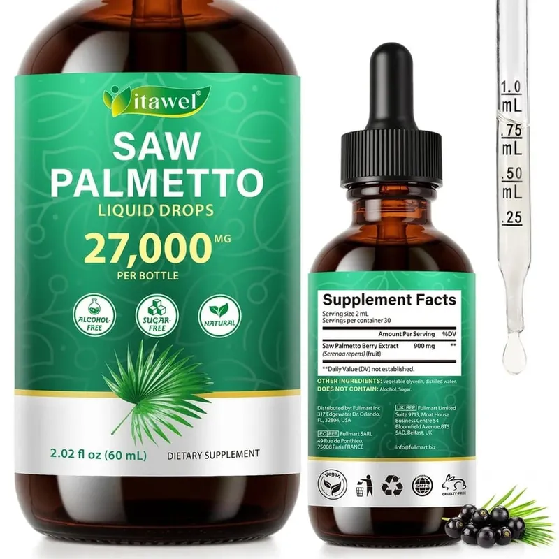 Itawel Saw Palmetto Gotas Líquidas Suporte à Saúde da Próstata Função Urinária Suporte OGM Livre de Parabenos Livre de Açúcar Vegan 60 ML