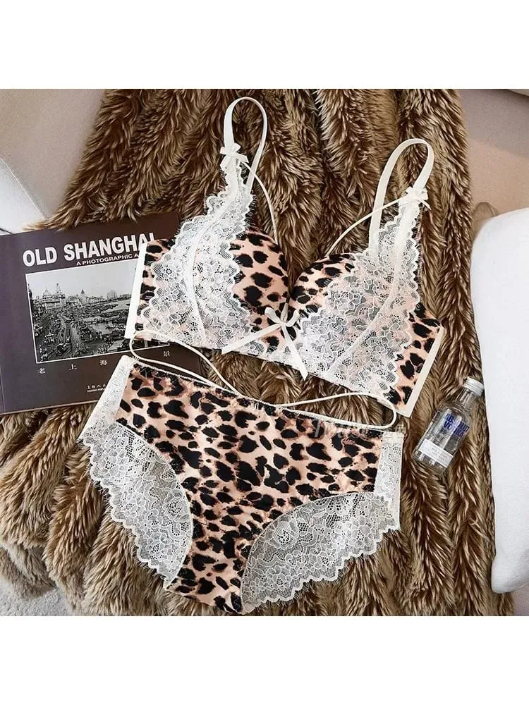 Conjunto de lingerie feminina leopardo renda 32-38ab sem fio push up sutiã lateral suporte de peito anti-sag sexy puro desejo roupa interior — image 6