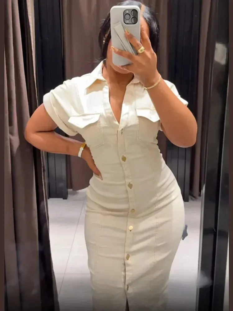 White Single Breasted Denim Dress Elegant Short Sleeve Lapel Bodycon Women's Dresses 2026 Summer Lady Chic Commute Street Robes