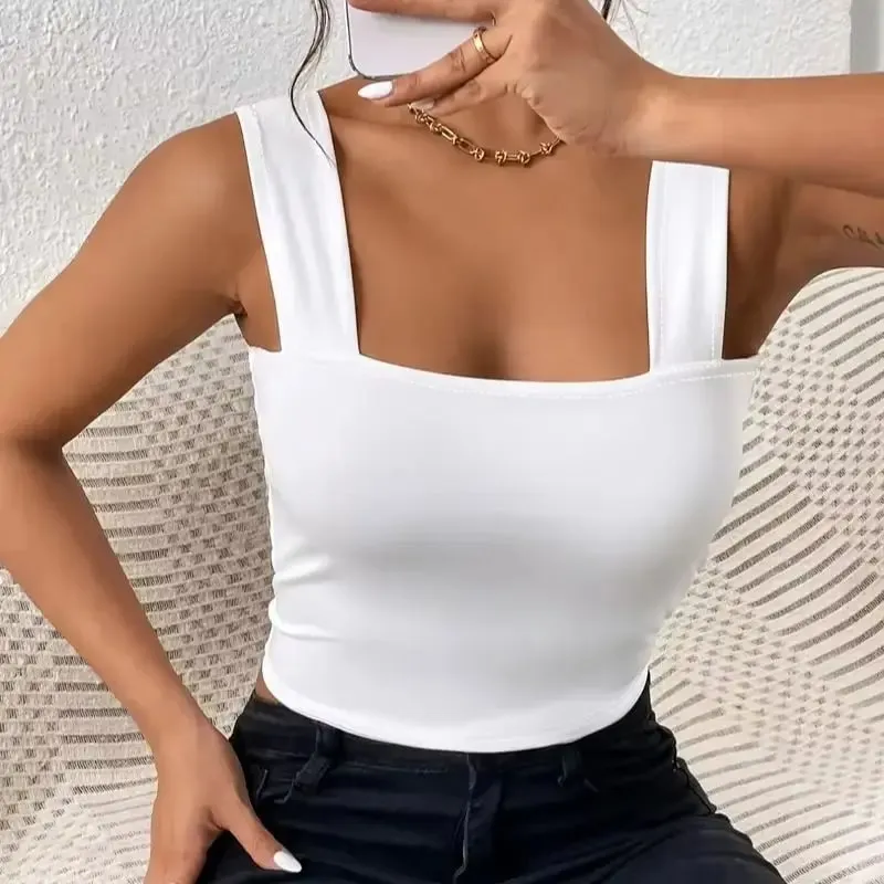 Feminino branco quadrado pescoço alça larga recortada cami topo fino ajuste sólido sem mangas tanque para o verão diário denim combinando rua casual