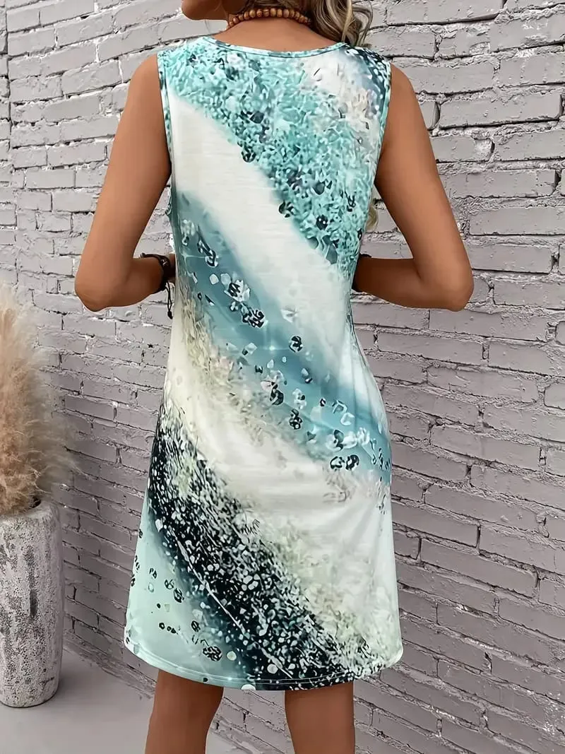 Primavera e verão feminino elegante padrão irregular moda impressa sem mangas vestido casual