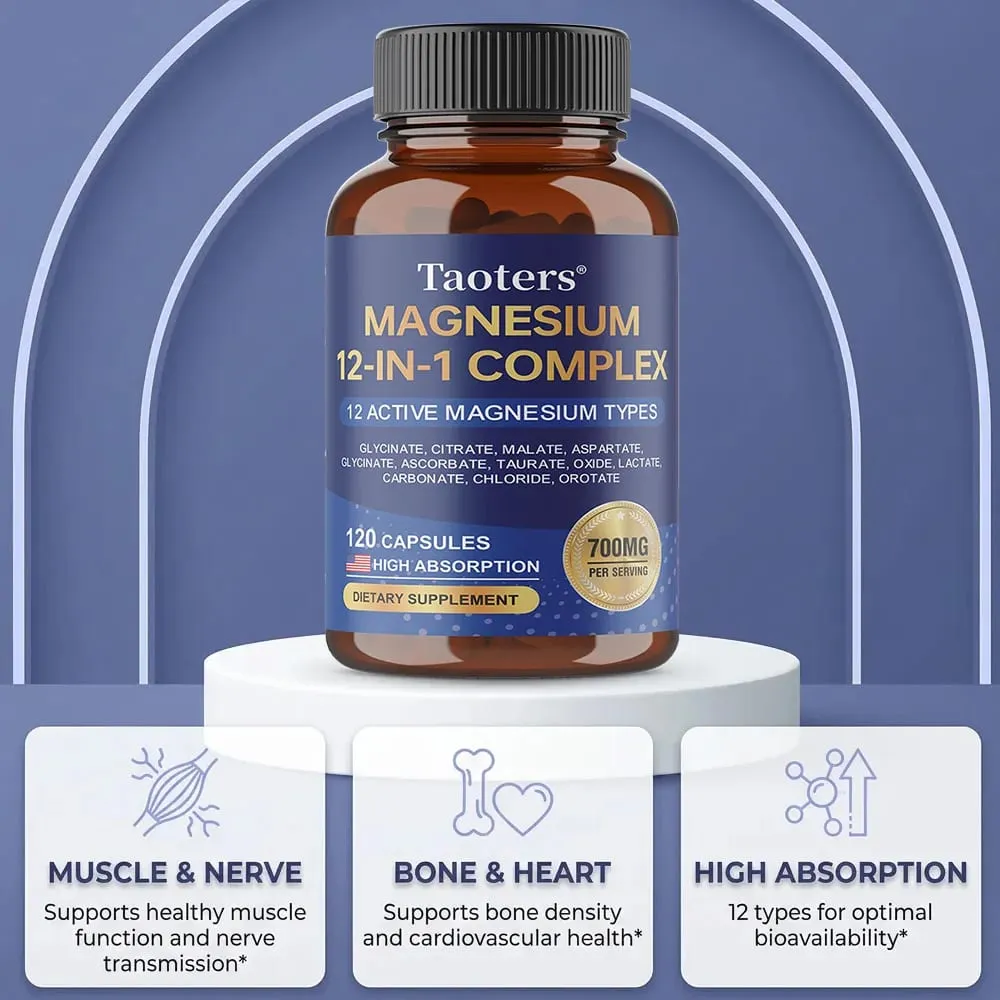 Magnesium 12-in-1 Complex Supplement – 700mg High Absorption Glycinate Citrate Malate & Taurate Blend for Muscle Nerve Sleep