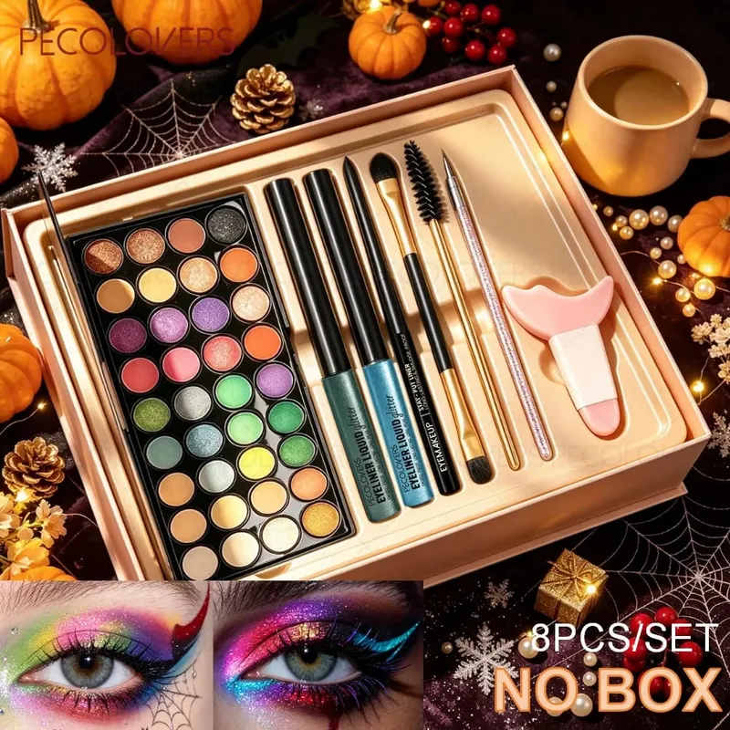 8PCS/SET Eyeshadow Palette Sparkle Liquid Eyeliner Black Eyeliner Eye Brushes Halloween/Christmas/Parties Makeup Set Beauty