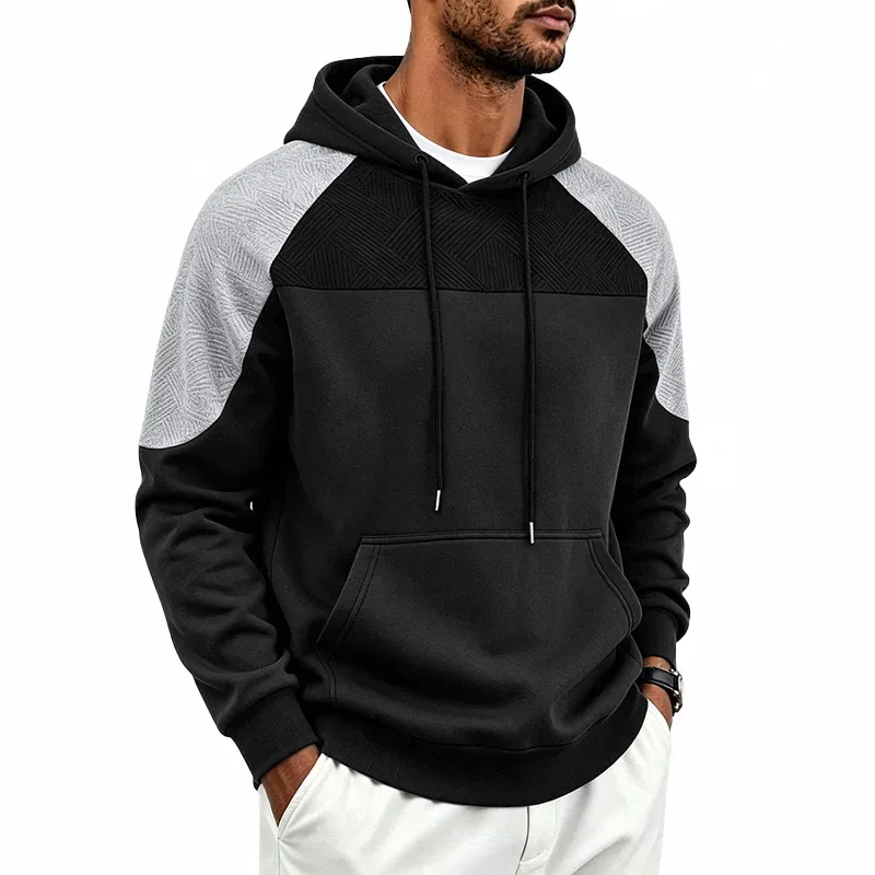 Autumn Winter Men Color Block Raglan Hoodie Textured Chest Panel Drawstring Kangaroo Pocket Loose Casual Streetwear Sweatshirt
