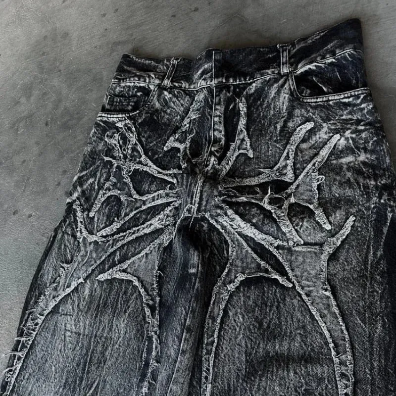 Vintage y2k calças de brim baggy emenda bordado padrão jeans de alta qualidade hip hop gótico streetwear masculino feminino casual calças de perna larga