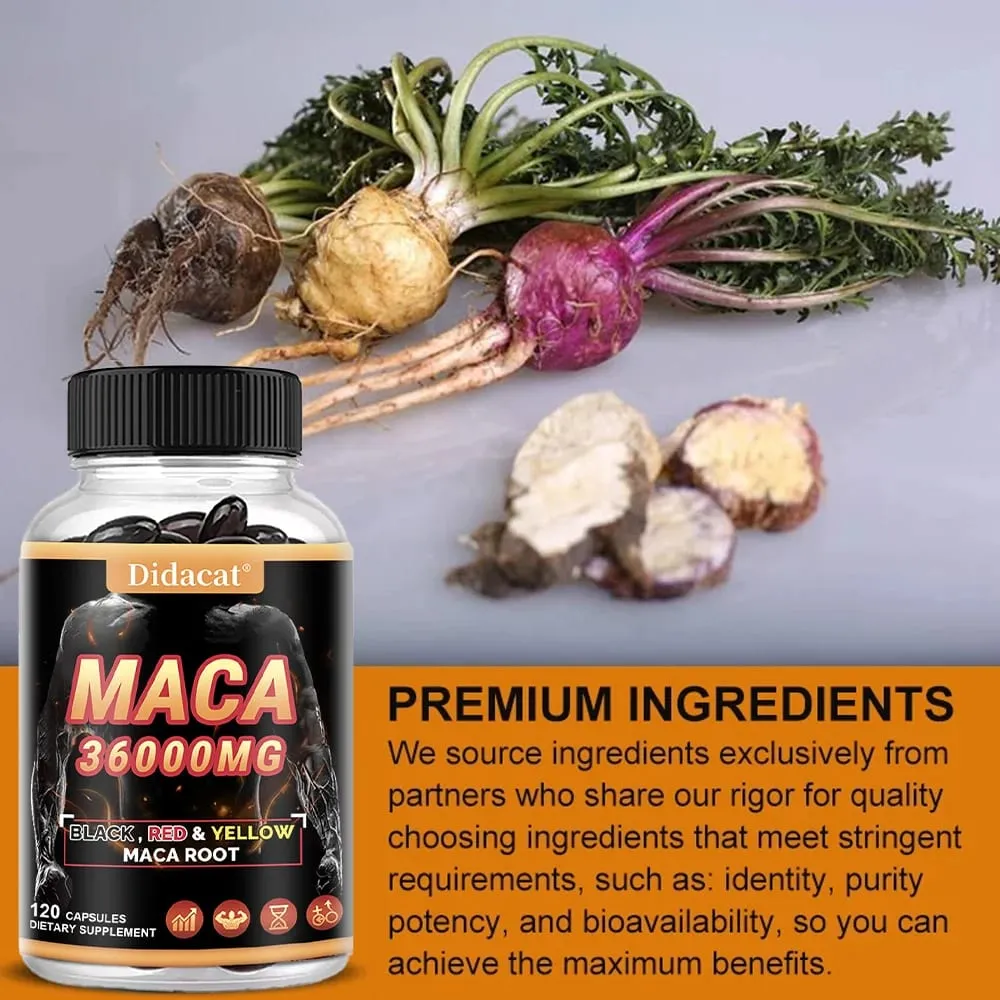 Cápsulas orgânicas em pó de raiz de maca com suplemento de extrato de raiz de maca preto + vermelho + amarelo para homens e mulheres - 120 cápsulas