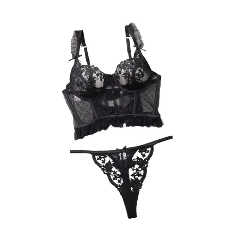 Sexy sutiã breve conjunto babados dot lingerie bordado flores calcinha sólida roupa interior rendas dois fechamento traseiro conjuntos exóticos íntimos