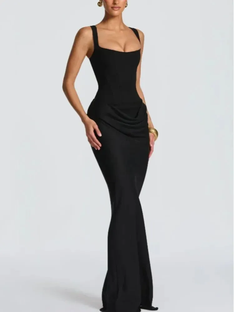 Senhora elegante plissado estilingue vestidos sólidos pescoço quadrado sem mangas fora do ombro cintura cinching vestido moda vestidos de festa à noite