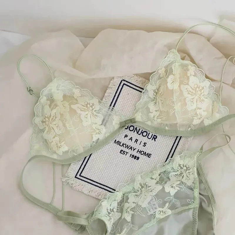 French Triangle Cup Bralette Embroidered Lace Wireless See Through Hollow Out Sexy Pure Desire Lingerie Set MOYISU Sexy Tushy