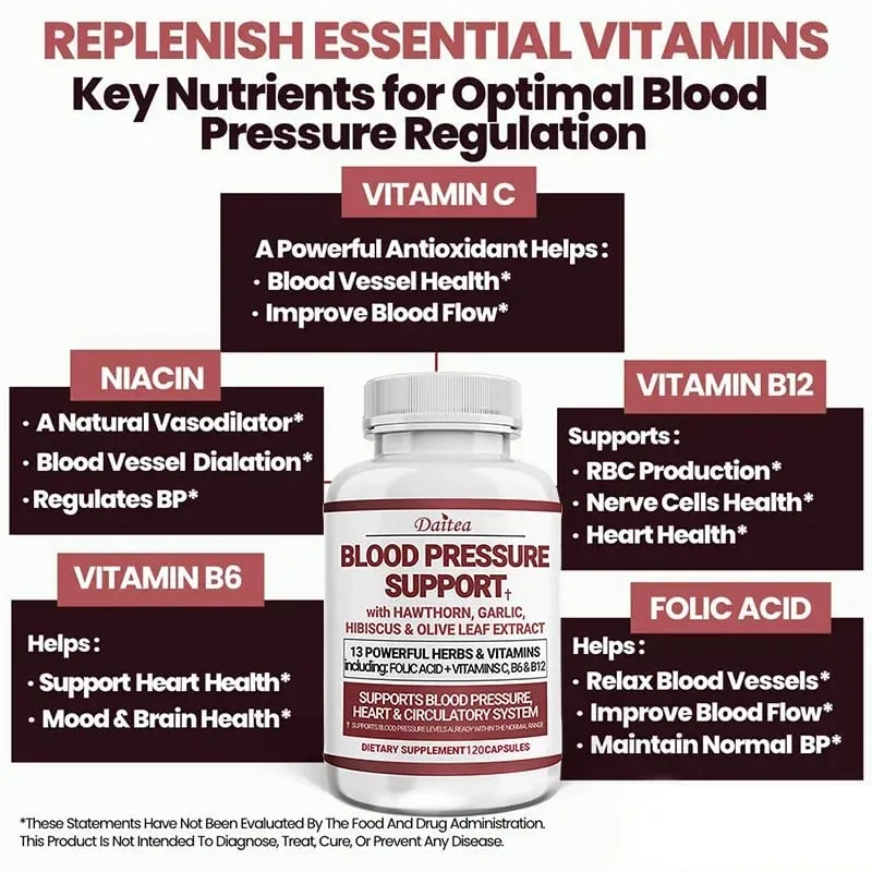 Blood Pressure Support Supplement - Heart Cholesterol Cardio - 13 Vitamins with Vitamins C B6 & B12 Hawthorn & Olive Leaf