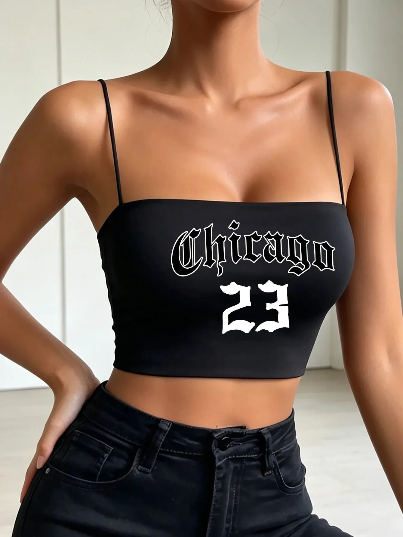 Senhora verão 'Chicago 23' estilo gótico estampado alça de ombro fina halter top y2k retrô estilo menina legal confortável de usar como
