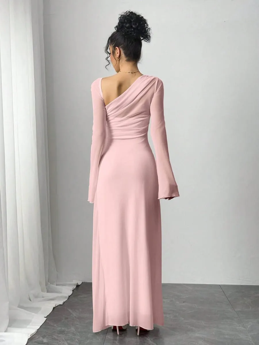 Nova primavera/verão feminino rosa tule explosão fino irregular diagonal ombro ultra longo vestido