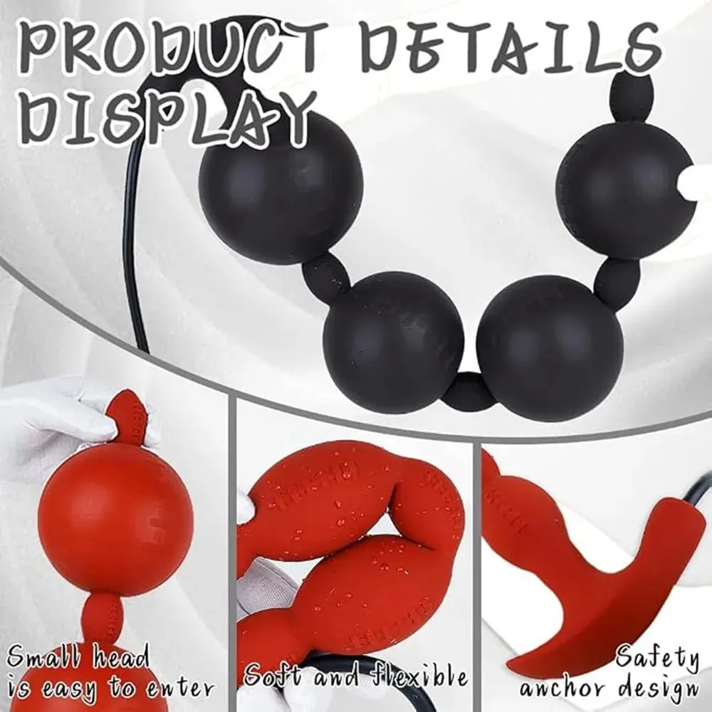 Extra Long Inflatable Anal Beads Butt Plug Dildo Huge Silicone Adjustable Size Big Thick 4 Balls Bead with T-Base Adult Sex Toys