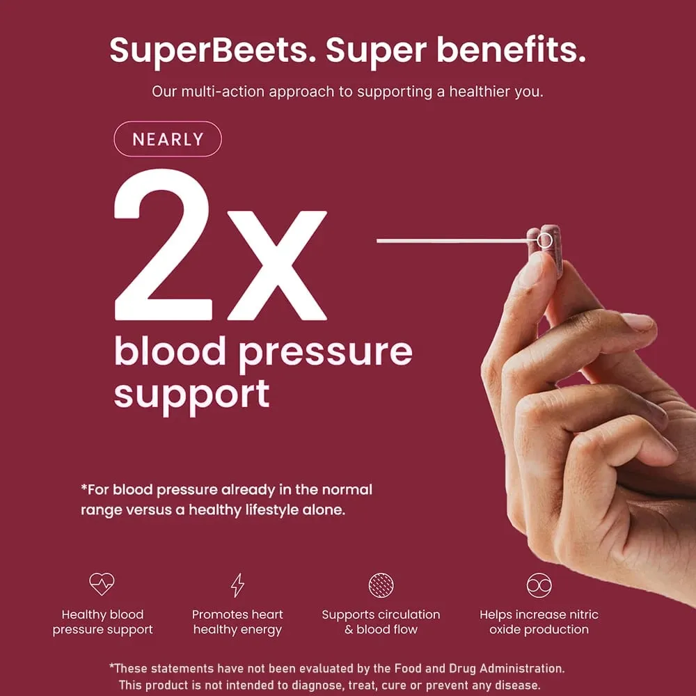 SuperBeets Suplementa Cápsulas de Óxido Nítrico de Raiz de Beterraba Orgânica de 1000 mg - Suporta Energia, Circulação Saudável, Fluxo Sanguíneo - Vegano
