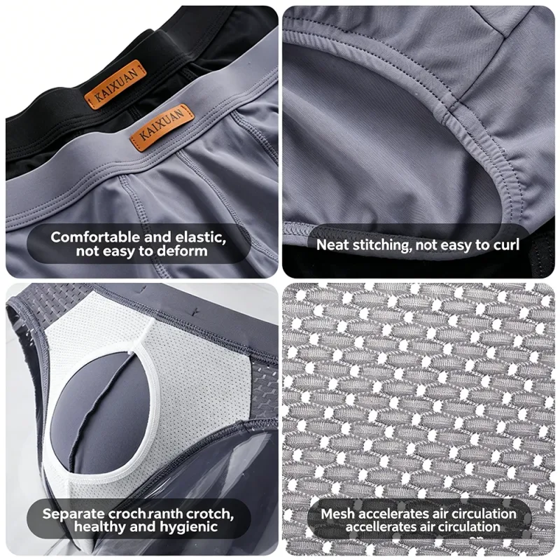 Cuecas masculinas de malha de seda gelo de verão, secagem rápida, bolsa em u, virilha separada, roupa íntima respirável, design triangular para conforto