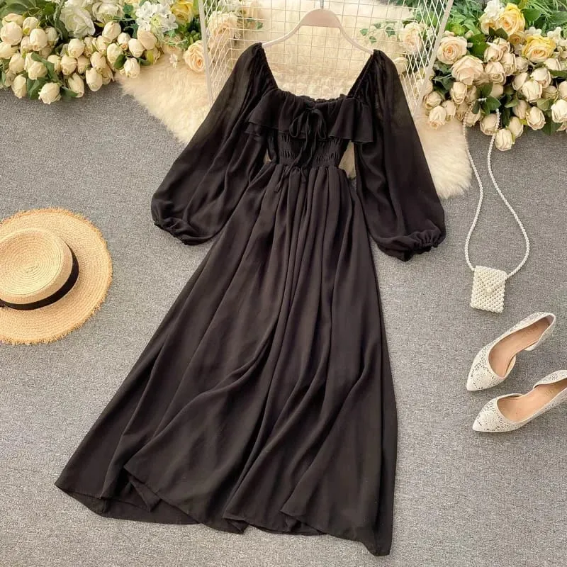 Chic elegante gola quadrada maxi vestido feminino sólido chiffon puff manga vestidos 2026 praia festa robe vintage plissado vestidos y2k