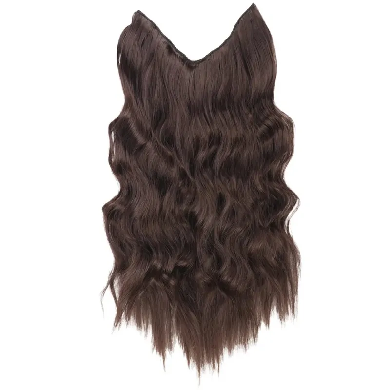 Black Halo Hair Extensions with Invisible Wire Adjustable Size 22inch Long Synthetic Wavy Curly Hairpieces for Women No Clip