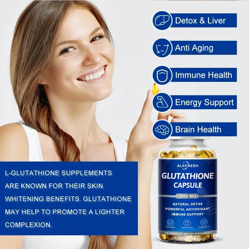 Cápsulas de glutationa, suplementos antioxidantes, melhoram o sistema imunológico e a saúde da pele, clareamento, beleza, cuidados com a pele e anti-envelhecimento