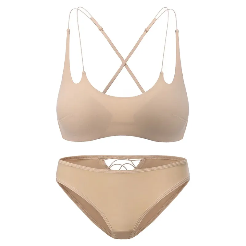 Fio suave livre de inserção fina sutiã calcinha lingerie conjunto cinta espaguete cruz sem costas feminino bela roupa interior três maneiras usar