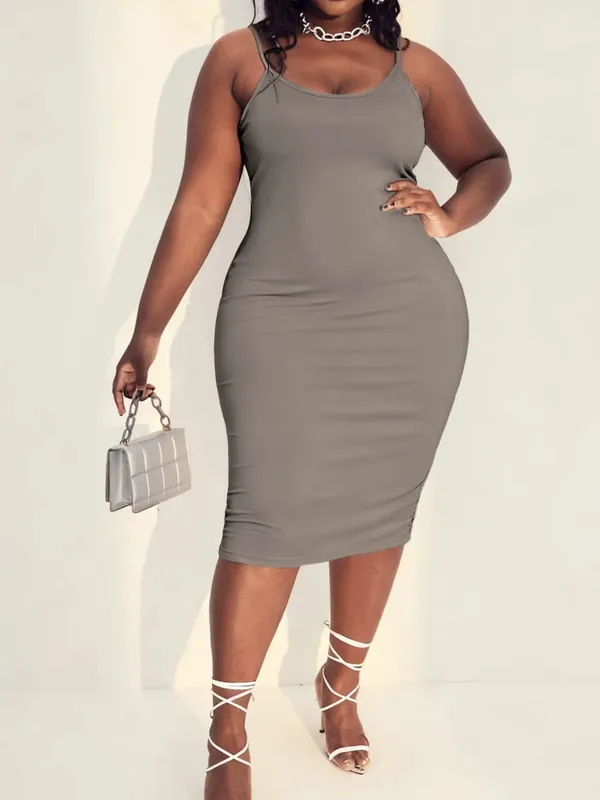 Liso sólido decote redondo silhueta de comprimento médio ampla gama de cores plus size malha alça espaguete vestido maxi amigo da pele conforto moderno moda casual para todas as estações vestido diário sem mangas para mulheres curvilíneas