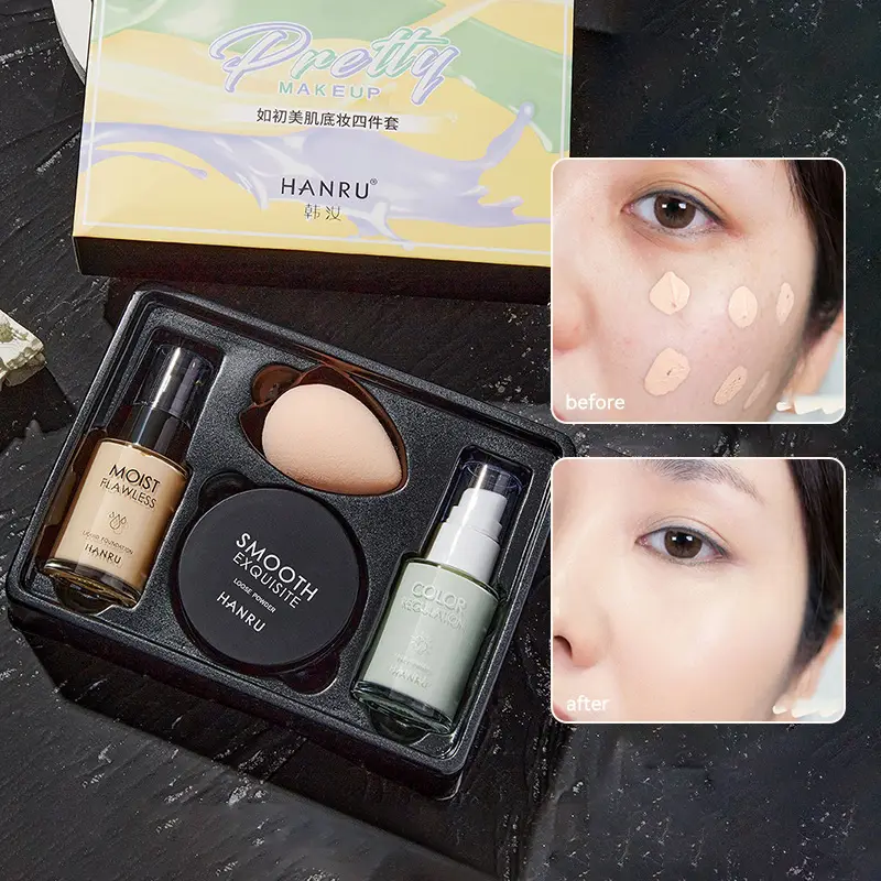 Base and makeup set 4-piece combo pack concealer foundation primer loose powder light makeup for a natural look